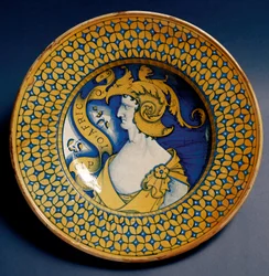 Prato de cerâmica decorado com uma representação de Cipião Africano (185-129 a.C.), produzido em Deruta, Itália. Cerca de 1520. Florença, Museo Nazionale del Bargello