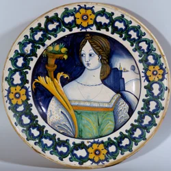 Placa cerâmica de Deruta decoree com o retrato de uma mulher. Por volta de 1510 Sevres. Fabricação de porcelana