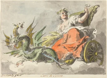 Chariot de Ceres (caneta e tinta preta com lavagem cinza e aquarela sobre papel)