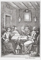 Chiaqlira lendo contos para uma festa de costura, capa da Pentamerona de Giambattista Basile, 1742