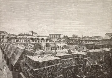 Cisterna do novo aqueduto em Veneza, Itália, gravura de desenho de Gussoni, de L