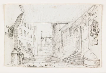 Rua da cidade de Gênova, com o farol e o porto ao fundo, início do século XIX (caneta e tinta marrom sobre giz preto)