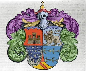 Brasão de armas do navegador Cristóvão Colombo (1451-1506): as quatro partes do escudo representam em cima a cidade de Castela e Leão, em baixo as ilhas descobertas e os símbolos de âncoras do almirante. Gravura do livro «Navigationi and Viaggi»