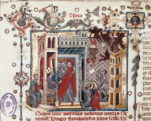 Codices Cavenses, Cod.25 f.181, Simon Magus, o Imperador Nero e os Apóstolos, em miniatura de Speculum Historiale, Parte I, de Vincent de Beauvais, c.1320 (têmpera sobre velino)