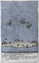Pesca de coral no Golfo de Trapani, na Sicília, uma representação das pequenas ilhas submarinas onde se formam os barris de coral. Gravura de "Stato Presente della Sicilia" de Arcangelo Leanti, Palermo 1761
