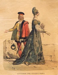 Desenho de figurino para um escudeiro do Doge e uma senhora, de 