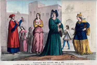Trajes de Siena entre os séculos XIII e XIV - gravura de «Usi e Costumi di Tutti i Popoli dell