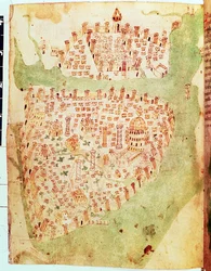 Algodão Vespasiano A. XIII, f.36v: Mapa de Constantinopla, c.1450 (vellum)