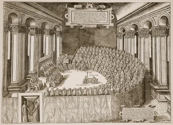 Conselho de Trento, 1563, de uma gravura publicada em Veneza em 1565, ilustração da igreja da Inglaterra: uma história para os povos por HDM Spence-Jones, bar. c.1910 (foto sépia)