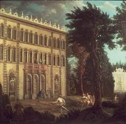 Casa de campo com figuras elegantes (uma de um par)