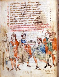 Corte de Mathilde de Canossa (ou Condessa Mathilde da Toscana) (1046 - 1115) em "Vita Mathildis" de Donizone, manuscrito do século XIII. Lucca, Bibl, Governativa.