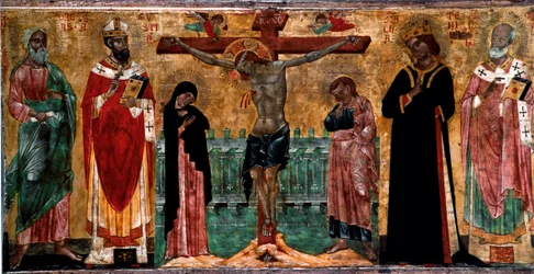 Crucificação e santos Pintura em madeira por artista anónimo da escola Veneto Byzantine. Dim. 61x113 cm Veneza, Museo Correr, n. 381