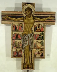 Crucificação com Histórias da Paixão, Escola de Lucca (têmpera no painel)