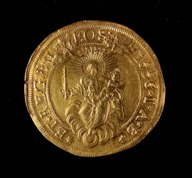 Moeda da República de Genes: 12,5 moedas de ouro doppie. Diam. 61 mm. 1656. Atrás. Genes Musei di Strada Nuova (inv. 6453)