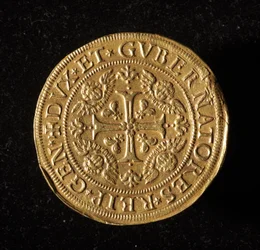 Moeda da República de Genes: 12,5 moedas de ouro doppie. Diam. 61 mm. 1656. Frente. Genes Musei di Strada Nuova (inv. 6453)
