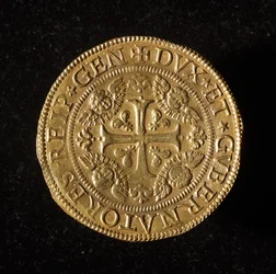 Moeda da República de Genes: 12,5 moedas de ouro doppie. Diam. 61 mm. 1656. frente. Genes Musei di Strada Nuova (inv. 6456)