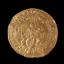 Moeda da República dos Genes: 20 ouro duplo. Diâmetro 58 mm. 1645. Voltar. Museus Genes da Strada Nuova