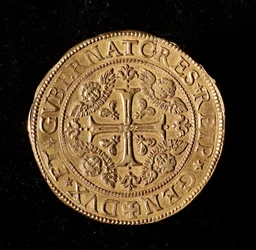 Moeda da República de Genes: 20 doppie de ouro. Diâmetro: 58 mm. 1645. Frente. Genes Musei di Strada Nuova (inv, M7097)