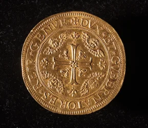 Moeda da República de Genes: 25 moedas de ouro doppie. Diam. 52,5 mm. 1694. Frente. Genes Musei di Strada Nuova (inv. 6457)