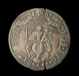 Moeda da República de Genes: ECU largo em prata. Diam. 61 mm. 1693. costas. Genes Musei di Strada Nuova (inv, M7097)