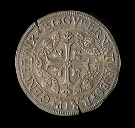Moeda da República de Genes: ECU largo em prata. Diam. 61 mm. 1693. frente. Genes Musei di Strada Nuova (inv, M7135)