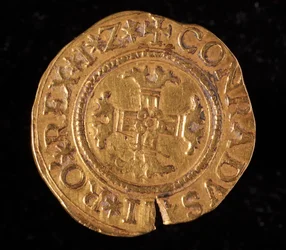 Moeda da República de Genes: uma quadrupla de ouro. Diâmetro: 32 mm. 1616. Atrás. Genes Musei di Strada Nuova (inv, M6459)