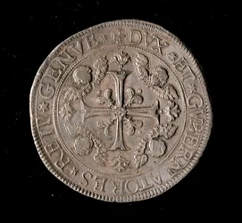 Moeda da República de Genes: moeda de prata de cinco ecus. Diam. 61 mm. 1693. Frente. Genes Musei di Strada Nuova