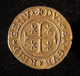 Moeda da República dos Genes: cinco moedas de ouro doppie. Diam. 41 mm. 1642. Front. Genes Musei di Strada Nuova