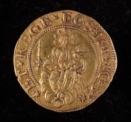 Moeda da República dos Genes: cinco moedas de ouro doppie. Diam. 41 mm. 1642. voltar. Genes Musei di Strada Nuova