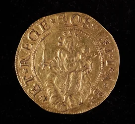 Moeda da República dos Genes: cinco moedas de ouro doppie. Diam. 41 mm. 1652. Voltar. Genes Musei di Strada Nuova