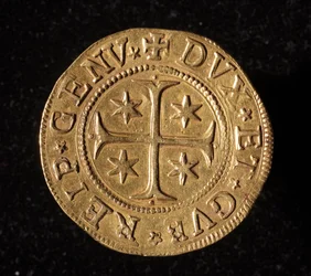Moeda da República dos Genes: cinco moedas de ouro doppie. Diam. 41 mm. 1652. Front. Genes Musei di Strada Nuova