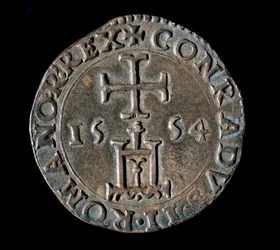 Moeda da República de Genes: teston de prata (ou testone) da Bênção. Frente representando o portal de Génova sob uma cruz. 1554 Genes, Musei di Strada Nuova