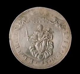 Moeda da República de Genes: moeda de prata de seis ecus. Diam. 61,5 mm. 1715. Frente. Genes Musei di Strada Nuova (inv, M7156)