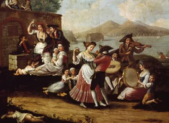 Cena de dança e festa popular em Nápoles. Dançarinos de tarantela (tarantela, tarantela). Pintura anónima. Século XVIII, Nápoles, Museo Nazionale di San Martino