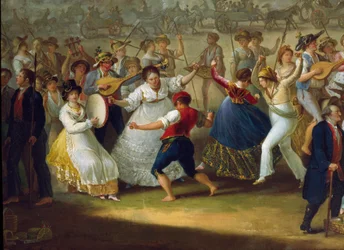 Cena de dança e festa popular em Nápoles: dançarinos de tarantela. Pintura anónima. Século XVIII, Nápoles, Museo Nazionale di San Martino