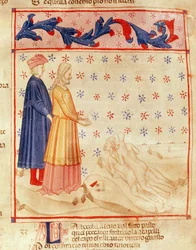 Dante e Virgílio (70-19 a.C.) descobrem o Conde Ugolino, de "A Divina Comédia" de Dante Alighieri (1265-1321) (velino)
