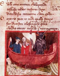 Dante e Virgil no barco Phlegyas conhecem Filippo Argenti (canção 8 do Inferno, na Divina Comédia) - miniatura