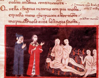 Dante et Virgil rodeados pelos violentos (canção 14 do Inferno, na Divina Comédia) - miniatura do século XIV