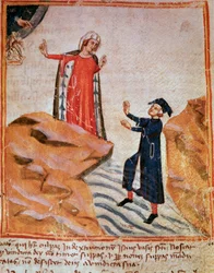 Dante conhece Mathelda no banco do Lethe (canção 28 do Purgatório, na Divina Comédia) - Minature
