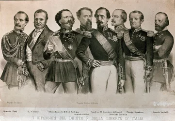 Defensores da Lei e da Liberdade da Itália: da esquerda para a direita, General Manfredo Fanti (1806-1855), Camillo Benso, Conde de Cavour (1810-1861), Rei da Sardenha Vittorio Emanuele II (Victor Emmanuel) (Victor Emmanuel), General Enrico Cialdini (1811-