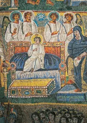 Pormenor de Cenas da primeira vinda de Cristo e da infância de Jesus, mosaico do arco triunfal da basílica de Santa Maria Maggiore, Roma, Itália, século V