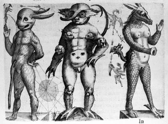 Diferentes tipos de monstros humanos com corpos meio humanos, meio animais. Gravura de “De monstrorum natura, causis et differentiis” de Fortunio Liceti (1577-1656), cientista italiano. 1646
