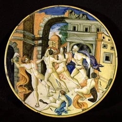 Prato representando Sansão e os filisteus, Pesaro Workshop (cerâmica)