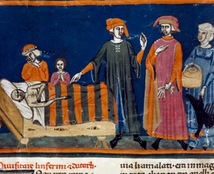 Médicos junto ao leito de um doente, miniatura da escola florentina proveniente de uma edição ampliada do «Pater noster» de Ser Zucchero Bencivenni (MS.II.VI 16), início do século XIV, Florença, Biblioteca Nacional