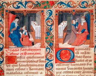 Médico a operar o crânio de um paciente (a trepanação do crânio). Representação dos santos Cosme (Come ou Cosimo) e Damião, médicos. Miniatura do manuscrito «Statuto della Confraternita dei Santi Cosma e Damiano». Arte gótica italiana do século XVI