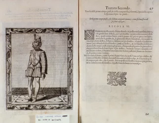 Página dupla de O Gratie dAmore (Le Grazie dAmore), do dançarino italiano Cesare Negri, chamado The Trombone (1536-1604), tratado sobre dança