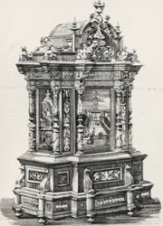 Gabinete em ébano com incrustações do marceneiro Alessandro Monteneri de Perugia (em atividade no século 19-20), ilustração da exposição italiana de 1881 em Milão, Itália