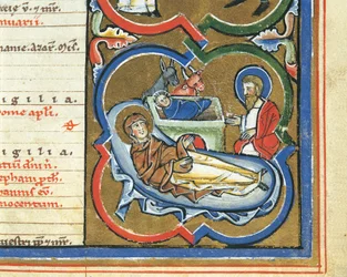 Calendário Elizabetano, Dezembro, Natividade (caneta e tinta, tempera e folha de ouro em velino)