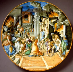 Eneias e o seu pai Anquises durante o incêndio de Troia. Prato de cerâmica de Urbino. Cerca de 1560. Museu Nacional do Bargello, Florença
