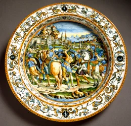 Episódio da vida de Júlio César. Prato de cerâmica produzido em Urbino na oficina Fontana, Itália. Cerca de 1550, Florença, Museo Nazionale del Bargello
